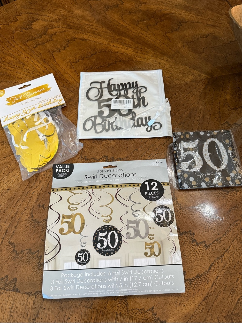 50th Birthday Swirl Decorations and Napkins - Gold, Black, White